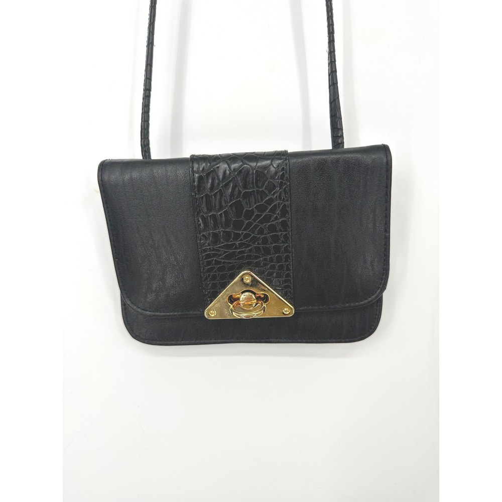 Vintage L'Egent Crossbody Bag 90s Black Faux Leather Croc Embossed Gold Purse
